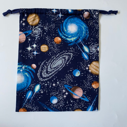 宇宙柄ネイビー☆100〜110こどもエプロン、三角巾、巾着3点セット 6枚目の画像