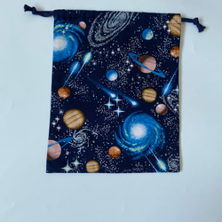 宇宙柄ネイビー☆120〜130こどもエプロン、三角巾、巾着3点セット　 5枚目の画像