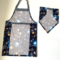 宇宙柄ネイビー☆130〜140こどもエプロン、三角巾、巾着3点セット　 3枚目の画像
