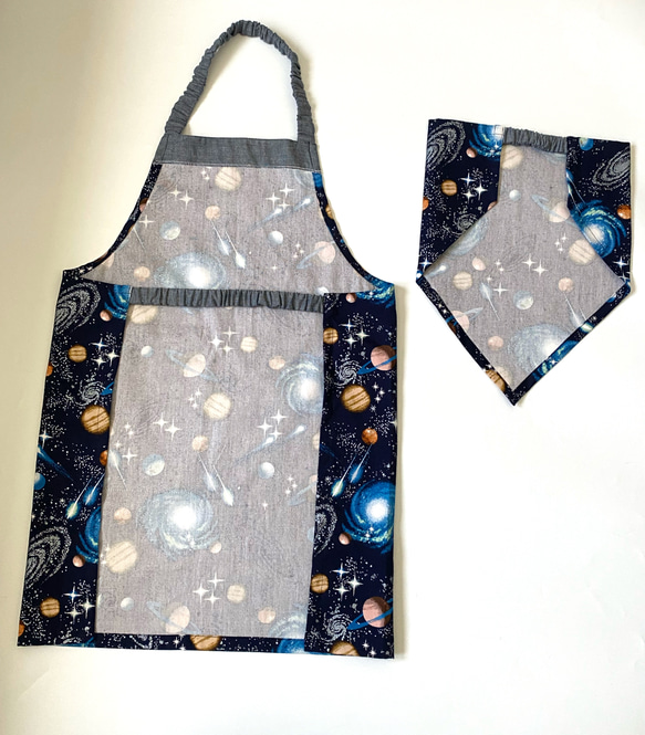 宇宙柄ネイビー☆130〜140こどもエプロン、三角巾、巾着3点セット　 3枚目の画像