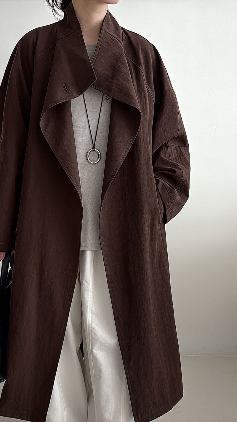 レディース韓国風ハイエンド感スタンドカラーコート秋冬新作ワンボタン設計ルーズフィットミドルレングストレンチコート68-3