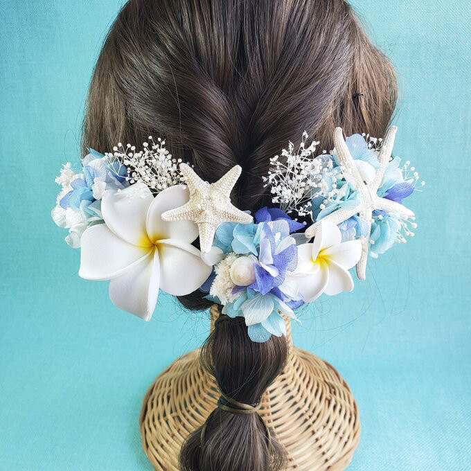 【カラー変更OK】プルメリア　スターフィッシュ　ヘッドドレス 花 髪飾り 結婚式　ホワイト ブルー リゾート