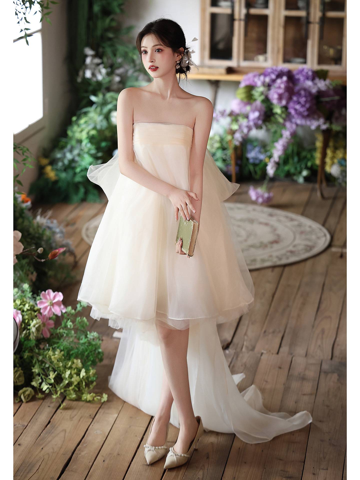 綺麗 白 バックリボン ウェディングドレス 韓国風 パーティー 結婚式 花嫁 演奏会 前撮り 披露宴 A7049