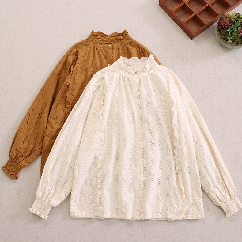 【全レース✨丸首コットンシャツ✨刺繡】袖口ギャザー│バルーンスリーブ│森ガール│温もりがある着心地│T-107LB