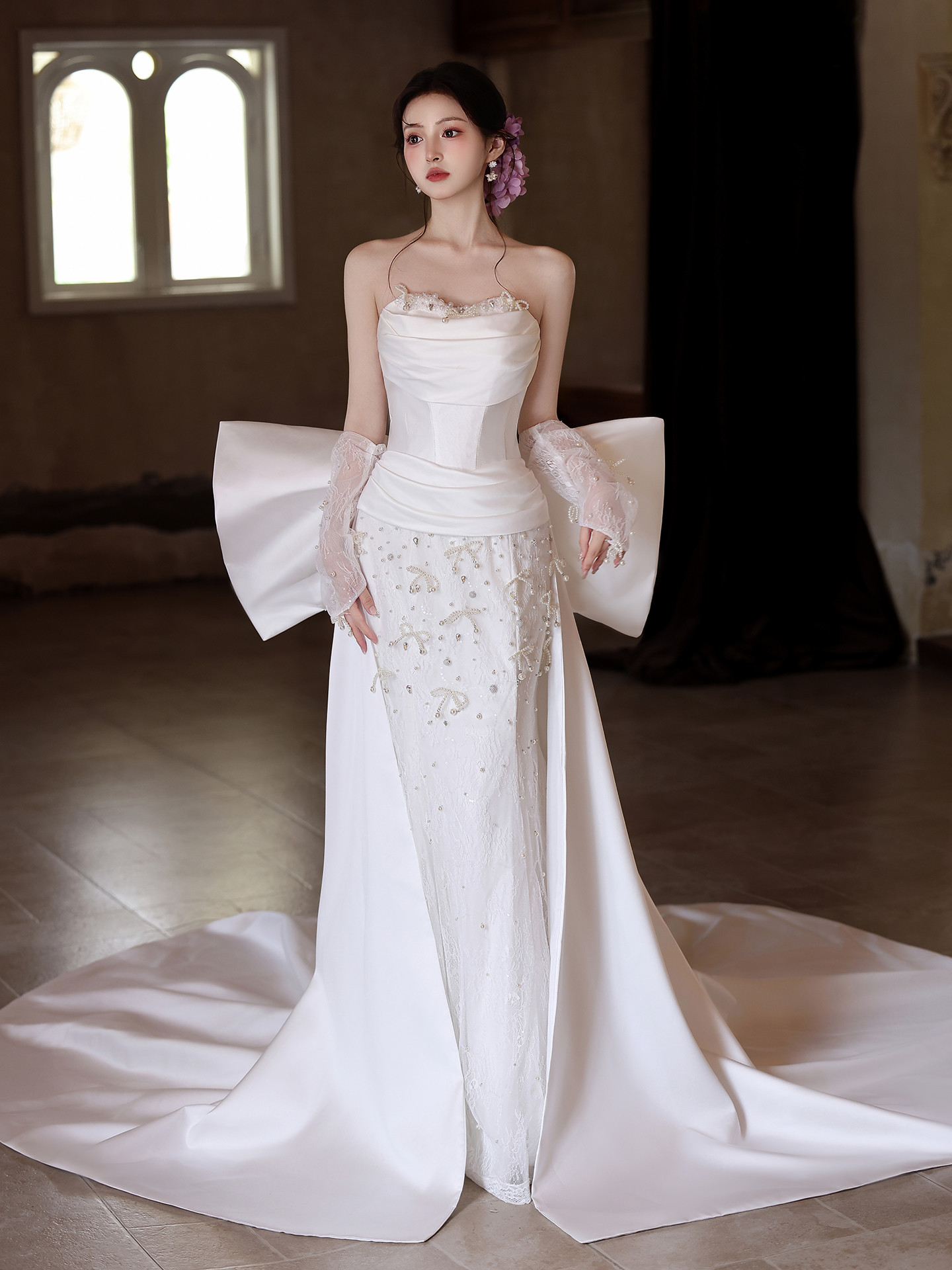 綺麗 白 特大リボン ウェディングドレス 裾引き 韓国風 パーティー 結婚式 花嫁 演奏会 前撮り 披露宴 A7056