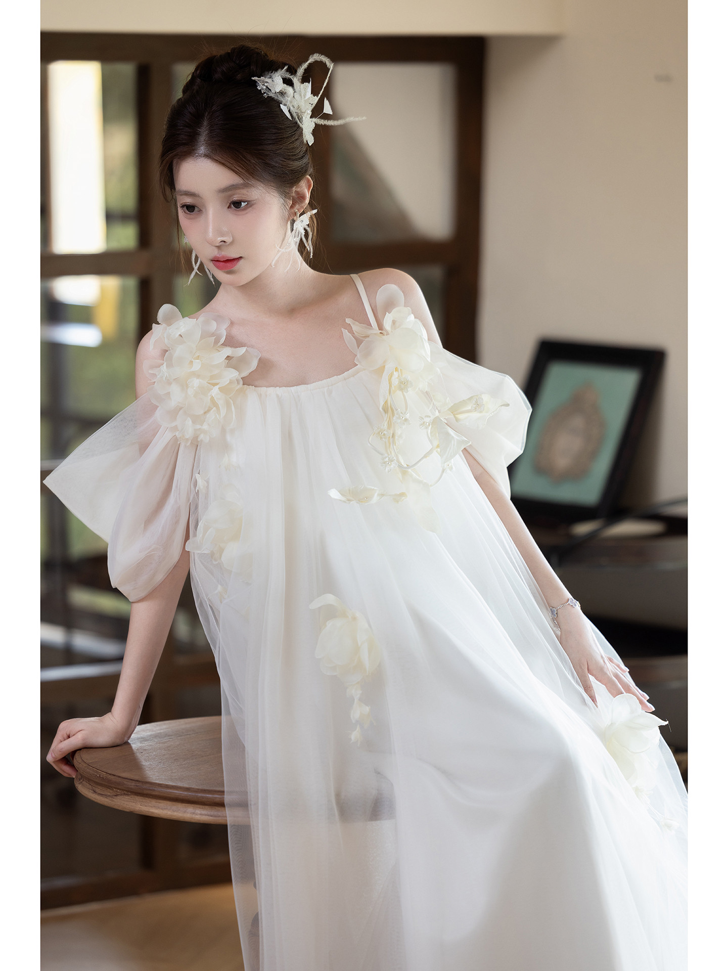 綺麗 ベージュ 立体花 ウェディングドレス 可愛い 韓国風 パーティー 結婚式 花嫁 演奏会 前撮り 披露宴 A7065