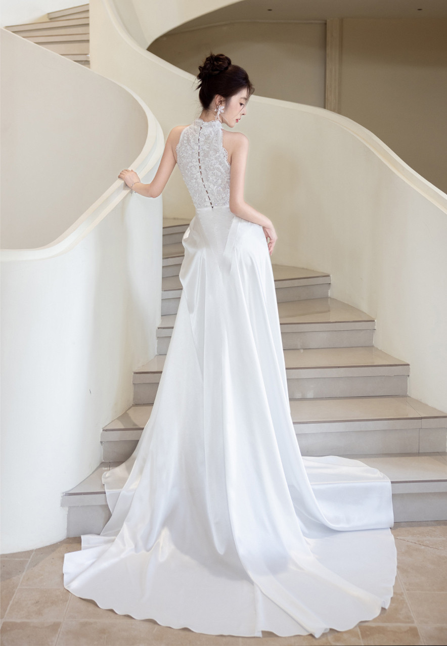 綺麗 白 シンプル ネックホルダー ウェディングドレス パーティー 結婚式 花嫁 演奏会 前撮り 披露宴 A7069