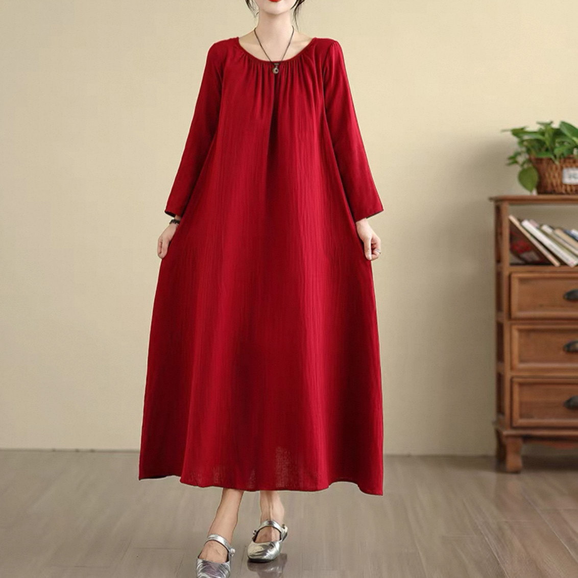 無地ワンピース 大人カジュアル長袖ワンピース 綿麻ワンピース 秋冬 受注制作