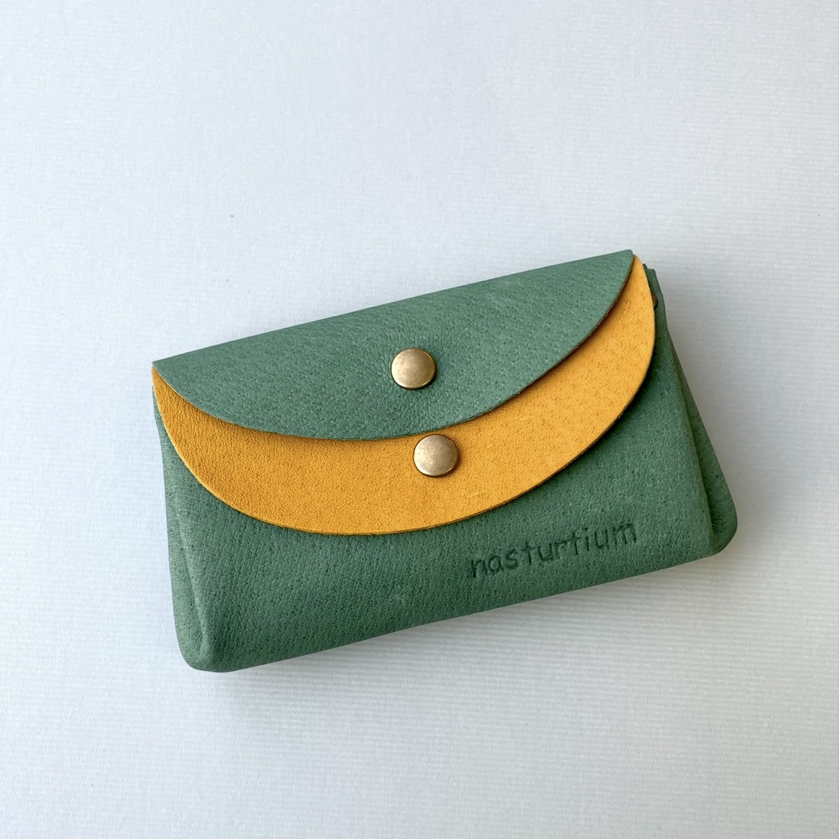 ピッグスキンの小さなお財布　ターコイズグリーン×イエロー