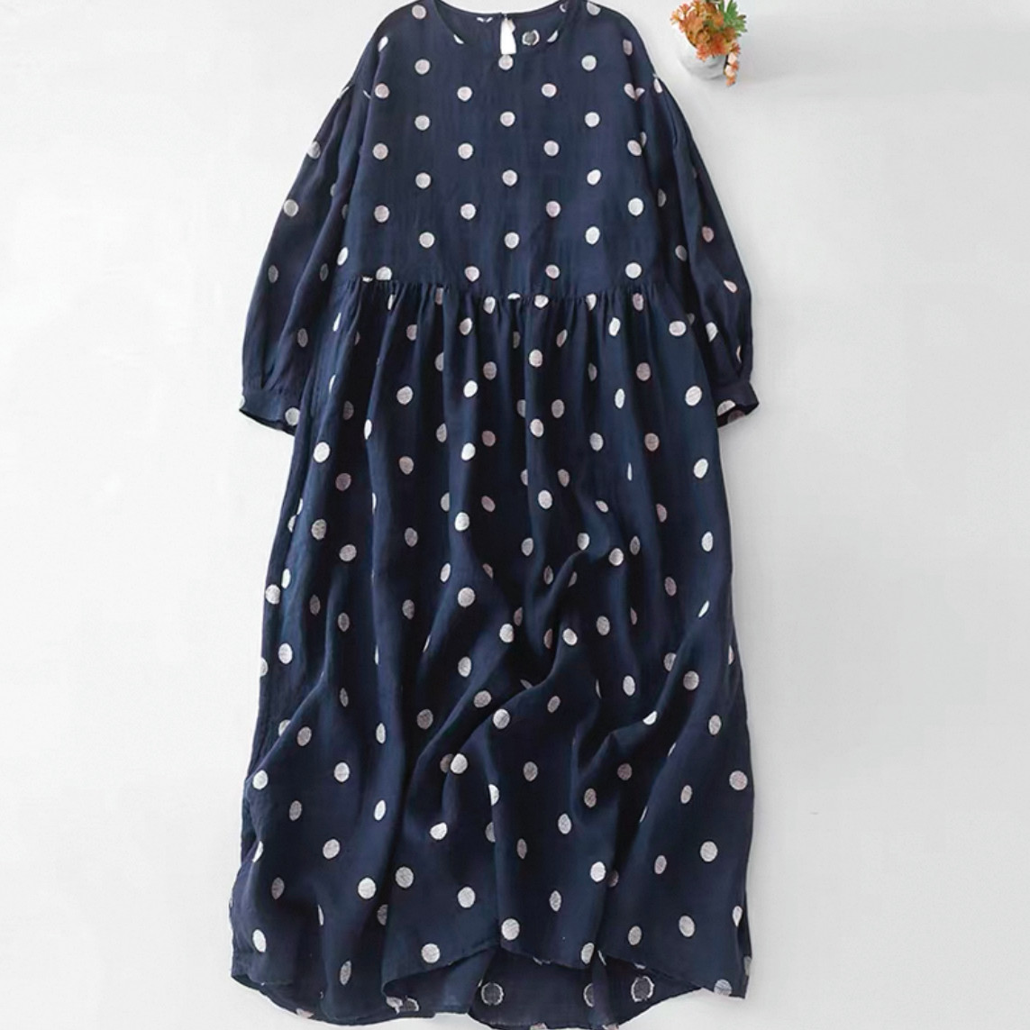 ドットワンピース ドット柄 大人カジュアルワンピース 綿麻ワンピース 秋冬ワンピース 受注制作