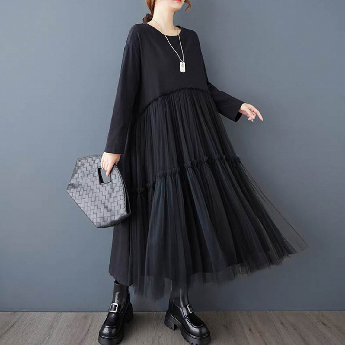 無地ワンピース 大人カジュアルワンピース 長袖ワンピース 綿麻ワンピース 秋冬ワンピース  受注制作