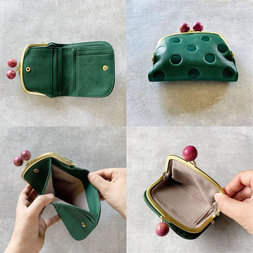 がま口両面折りお財布　ハンドメイド　本革 がま口 二つ折り財布 本革 革 財布 レディース 二つ折り ドット 水玉