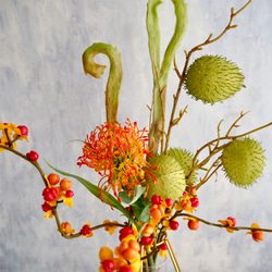 幾何学型ゴールドワイヤーフラワーベースsetピンクッション・ツルウメモドキ・風船唐綿・エニシダの和風ナチュラルアレンジ 10枚目の画像