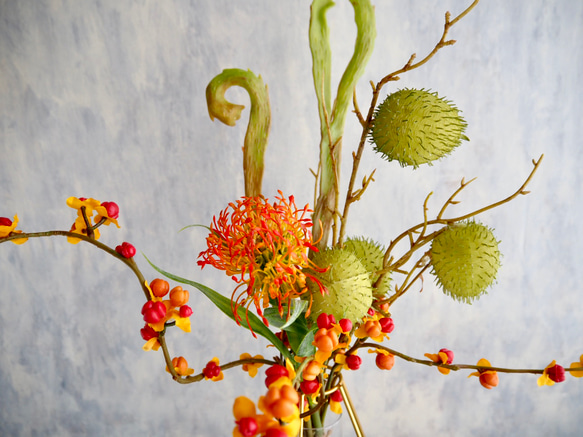 幾何学型ゴールドワイヤーフラワーベースsetピンクッション・ツルウメモドキ・風船唐綿・エニシダの和風ナチュラルアレンジ 10枚目の画像