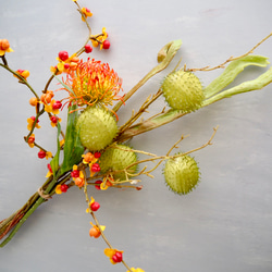 幾何学型ゴールドワイヤーフラワーベースsetピンクッション・ツルウメモドキ・風船唐綿・エニシダの和風ナチュラルアレンジ 13枚目の画像