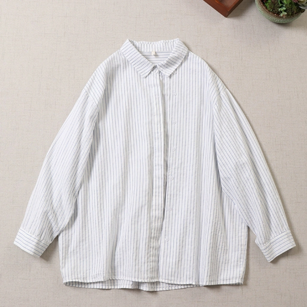 【秋冬定番シャツ♡ストライプ柄】着瘦せ効果│バルーンスリーブ│オリジナルデザイン│肌触り良い│T-109LB