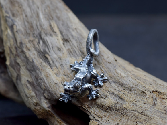 クレステッドゲッコー(オウカンミカドヤモリ)のシルバーペンダント　革ひもネックレス付き 4枚目の画像