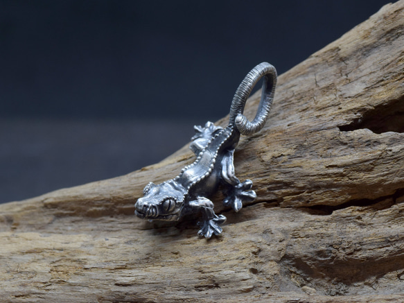 クレステッドゲッコー(オウカンミカドヤモリ)のシルバーペンダント　革ひもネックレス付き 3枚目の画像