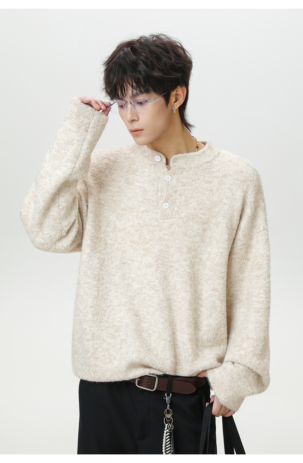 メンズラグジュアリー・オールドマネー風ヘンリーカラーポロニット秋冬厚手保温性シルエット質感重視セーター 70B