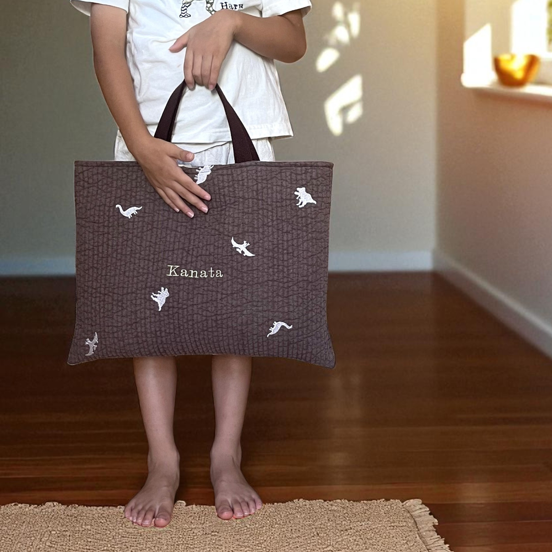 高見えするダイナソーブラウン入園入学セット。名入れでお子様だけの特別バッグに。恐竜好きの君へ届け！