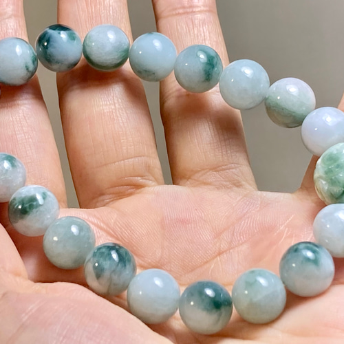 天然石 翡翠花彫　翡翠 ブレスレット BR7-47 花青 10.0mm 彫り花珠 ミャンマー産 天然 A貨 本翡翠