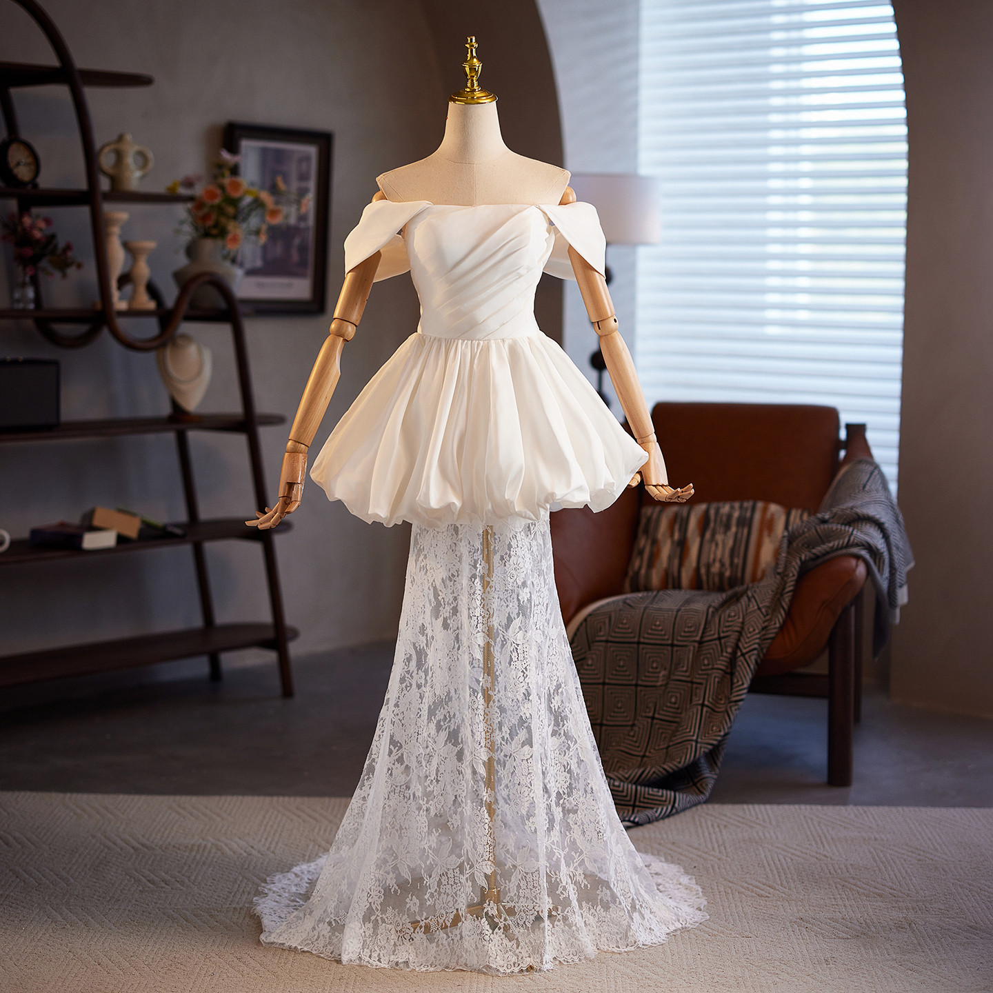 綺麗 白 オフショルダー レース ウェディングドレス シンプル パーティー 結婚式 花嫁 前撮り 披露宴 A7075