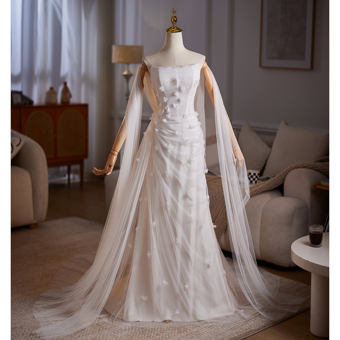 綺麗 白 オフショルダー 花 ウェディングドレス 裾引き パーティー 韓国風 結婚式 花嫁 前撮り 披露宴 A7077