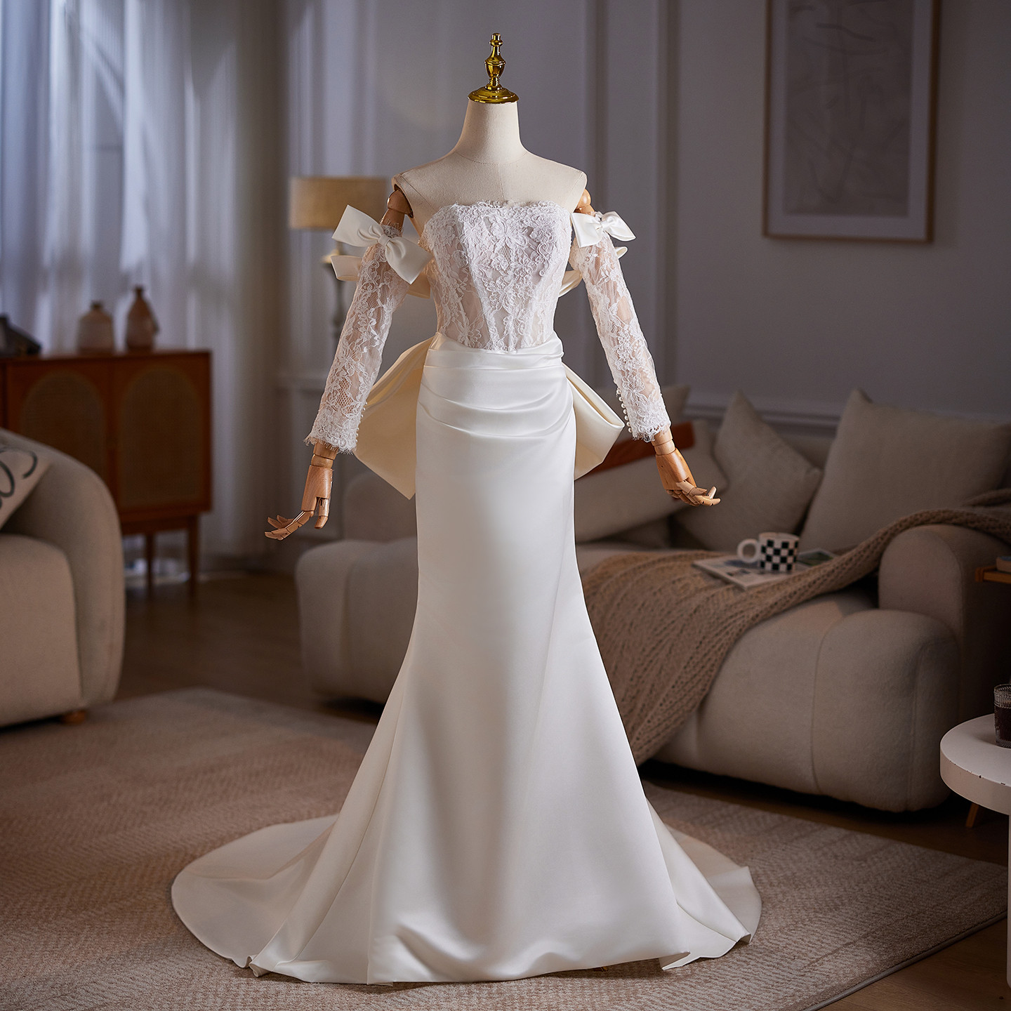 綺麗 白 長袖 バックリボン レース ウェディングドレス 裾引き パーティー 結婚式 花嫁 前撮り 披露宴 A7079