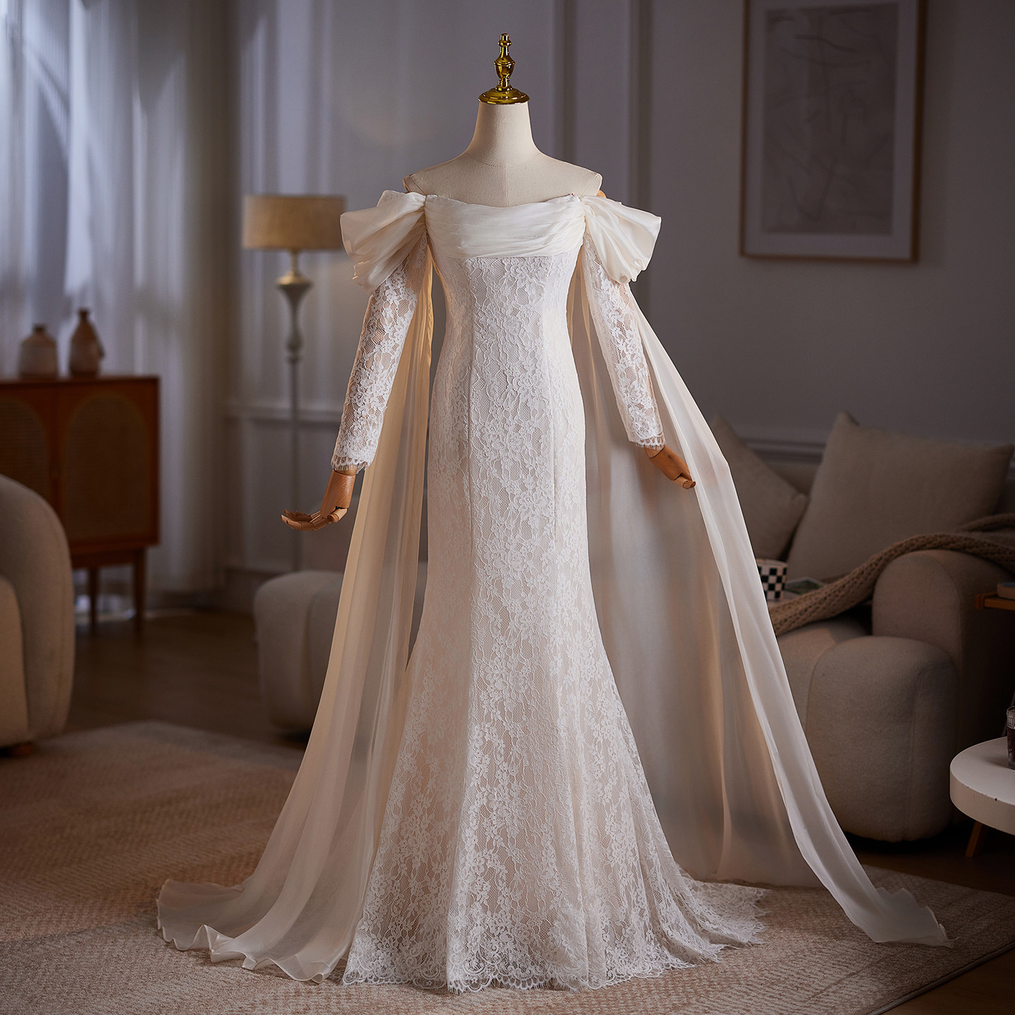 綺麗 白 レース 長袖 オフショルダー ウェディングドレス 裾引き パーティー 結婚式 花嫁 前撮り 披露宴 A7080