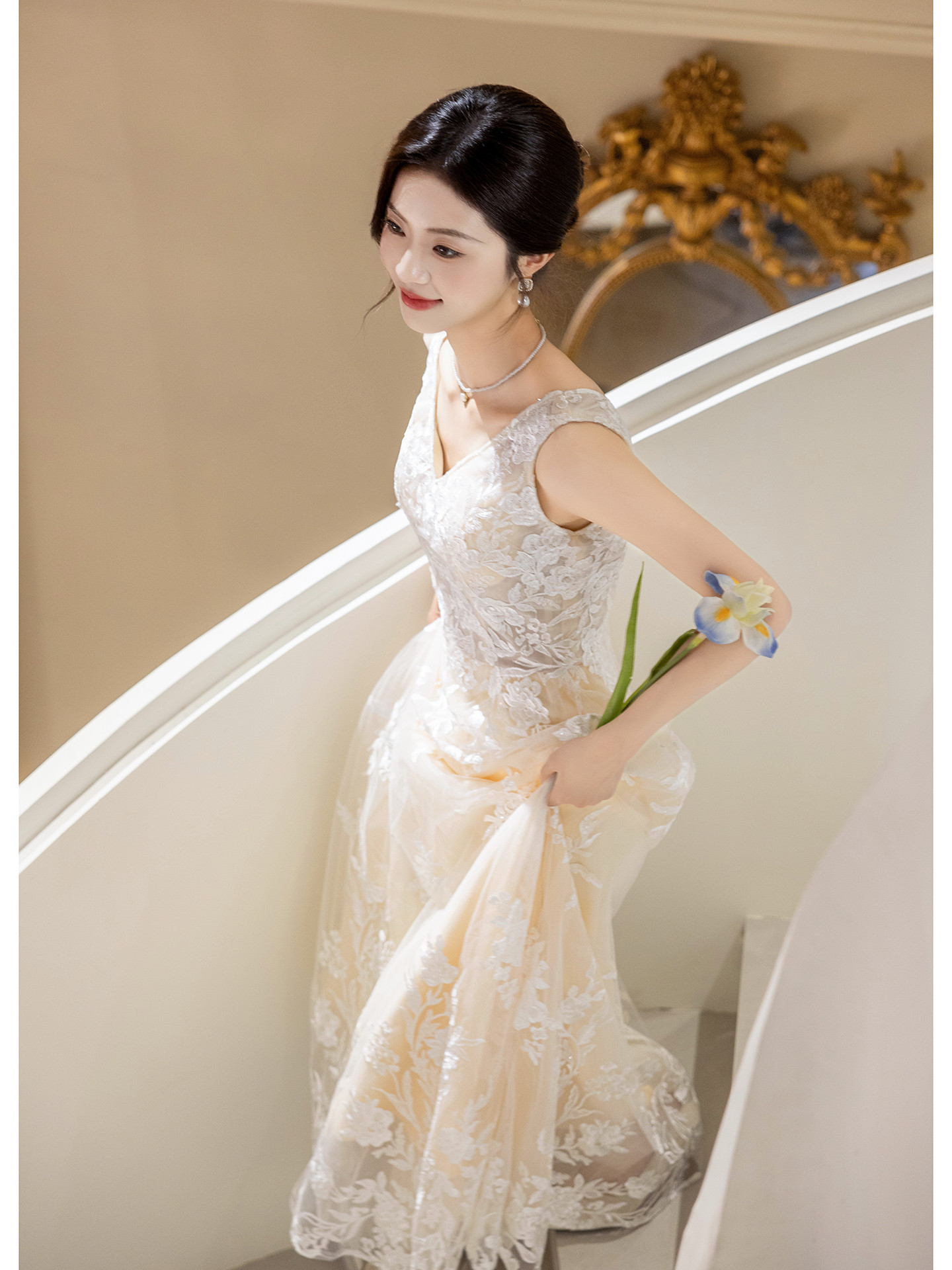 綺麗 白 レース Vネック ウェディングドレス パーティー 韓国風 結婚式 花嫁 演奏会 前撮り 披露宴 A7084