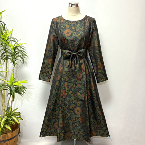 着物リメイク 大島紬ワンピース Aライン 2WAY 花柄 細見せ ゆったり L