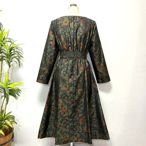 着物リメイク 大島紬ワンピース Aライン 2WAY 花柄 細見せ ゆったり L