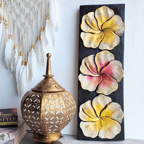 木彫りの壁掛け ハイビスカス 壁飾り アートパネル ウォールデコ