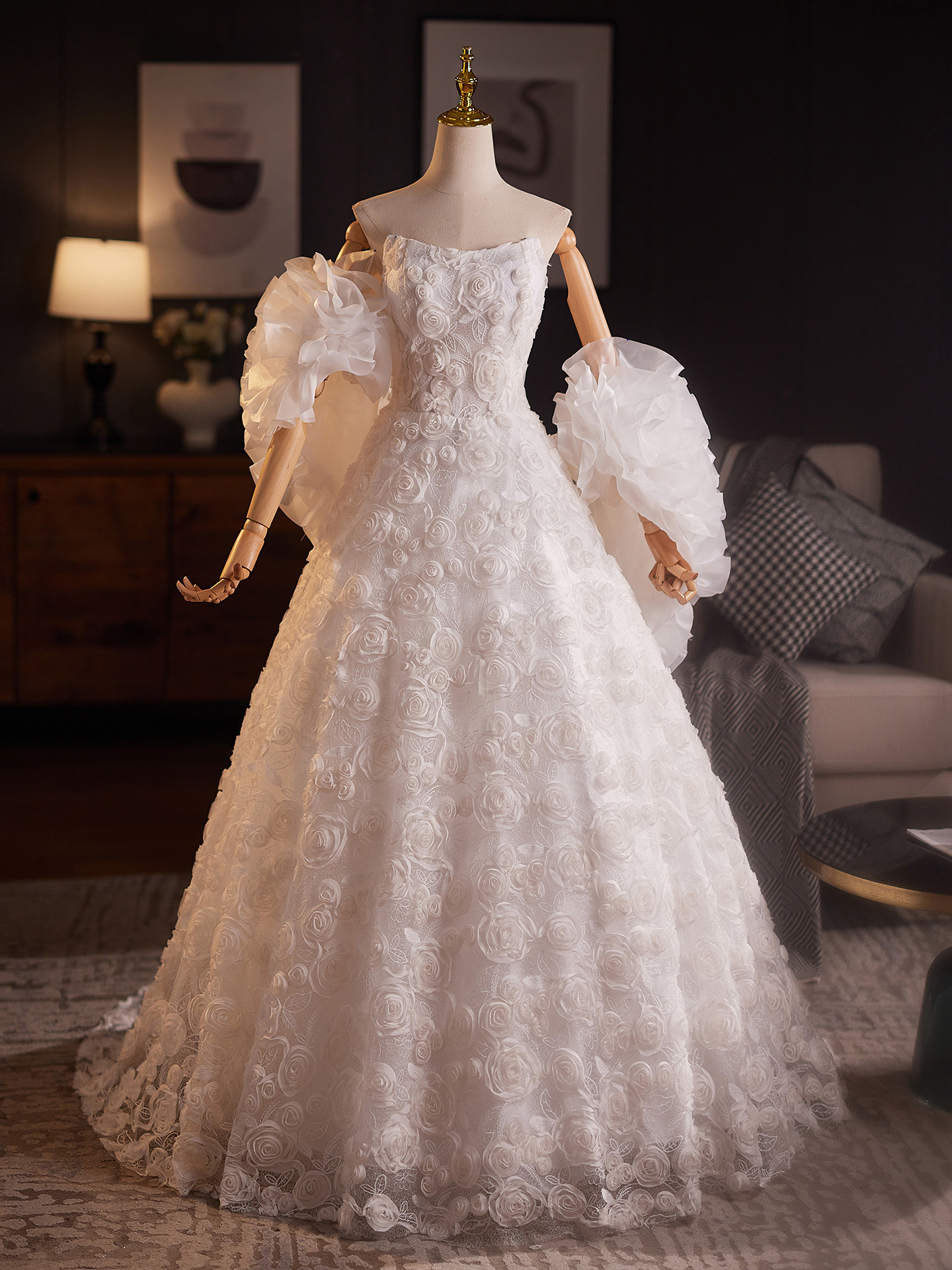 綺麗 白 ノースリーブ 立体花 ウェディングドレス パーティー 韓国風 結婚式 花嫁 前撮り 披露宴 A7085