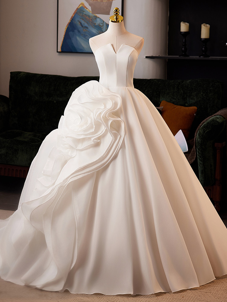 綺麗 白 サテン ウェディングドレス 裾引き パーティー シンプル 韓国風 結婚式 花嫁 前撮り 披露宴 A7089