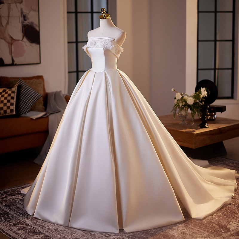 綺麗 白 サテン ウェディングドレス 裾引き パーティー シンプル 韓国風 結婚式 花嫁 前撮り 披露宴 A7092