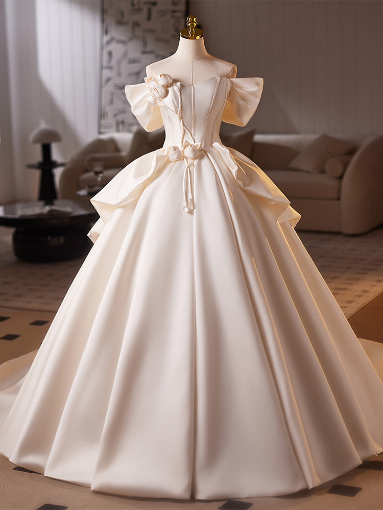 綺麗 白 サテン オフショルダー ウェディングドレス 裾引き 上品 パーティー 結婚式 花嫁 前撮り 披露宴 A7094