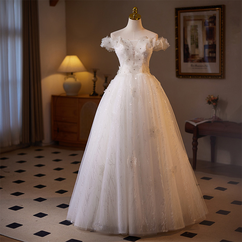 綺麗 白 オフショルダー きらきら 立体花 ウェディングドレス パーティー 結婚式 花嫁 前撮り 披露宴 A7096