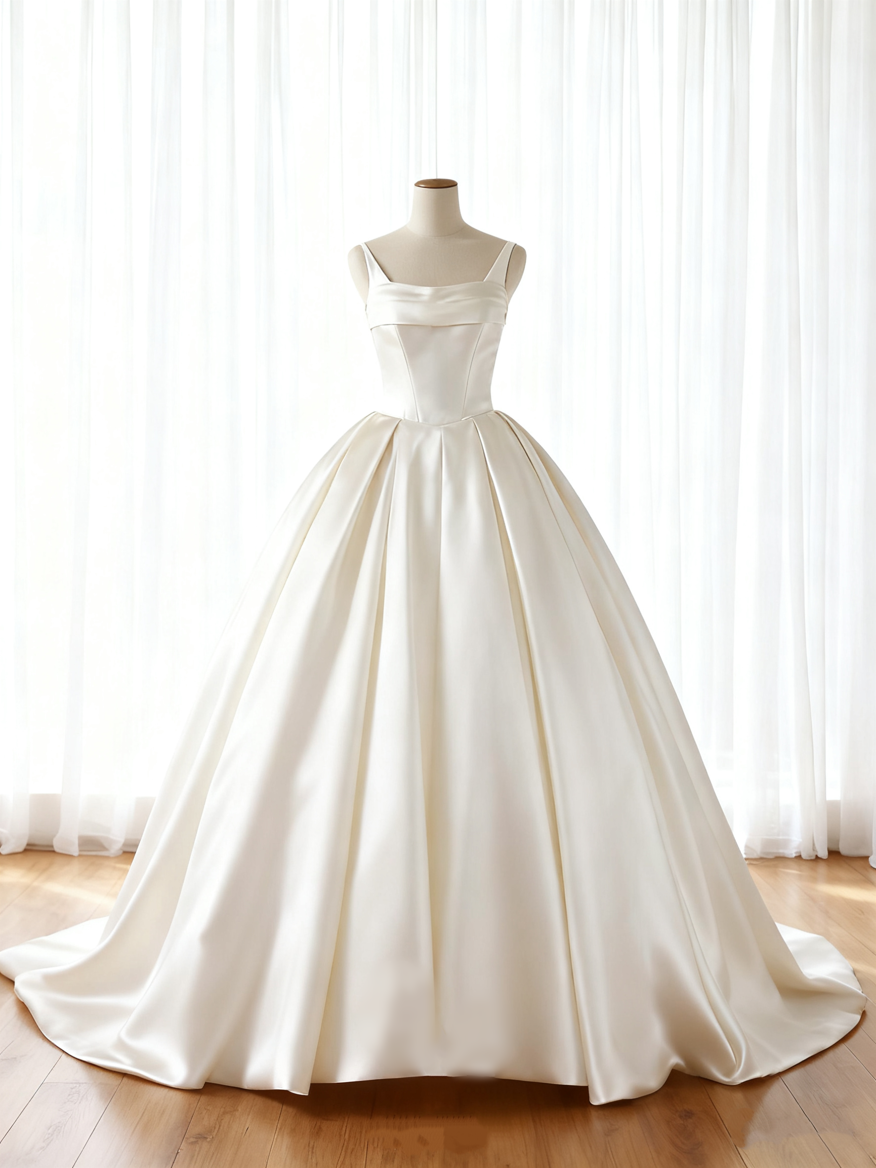 送料無料！ウェディングドレス キャミソール 光沢サテン ハンドドレープ 結婚式 オフホワイト 細見えシルエット