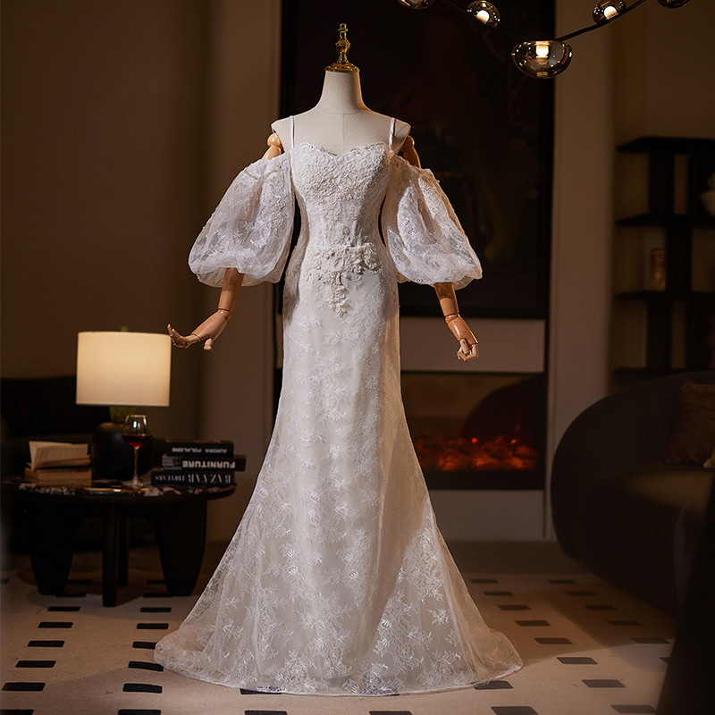 綺麗 白 レース 長袖 ウェディングドレス 裾引き パーティー 裾引き 韓国風 結婚式 花嫁 前撮り 披露宴 A7104