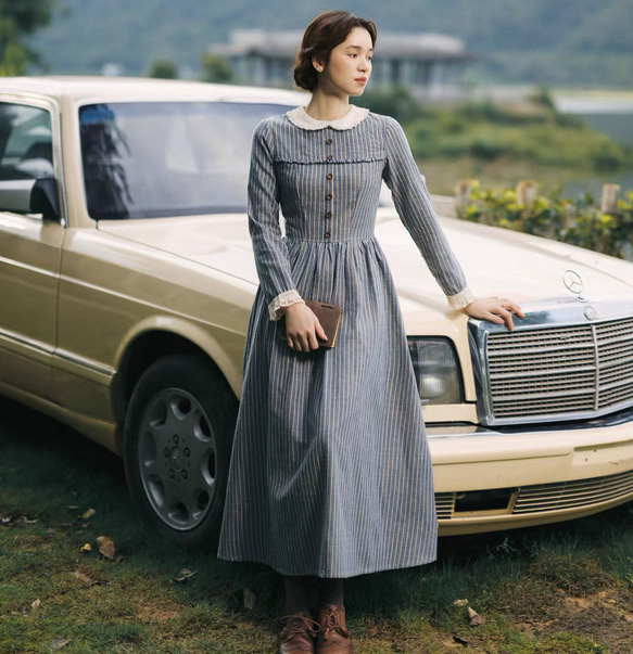 リネンストライプ柄 レース丸襟の長袖ロングワンピース【秋冬春