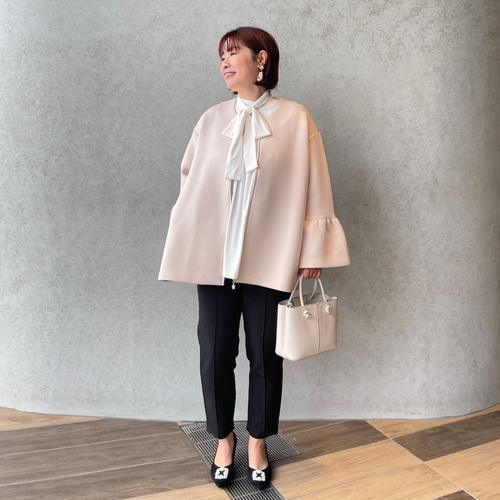 ラスト③【洗える】あったか軽量ハーフ丈ノーカラーコート お袖フレア