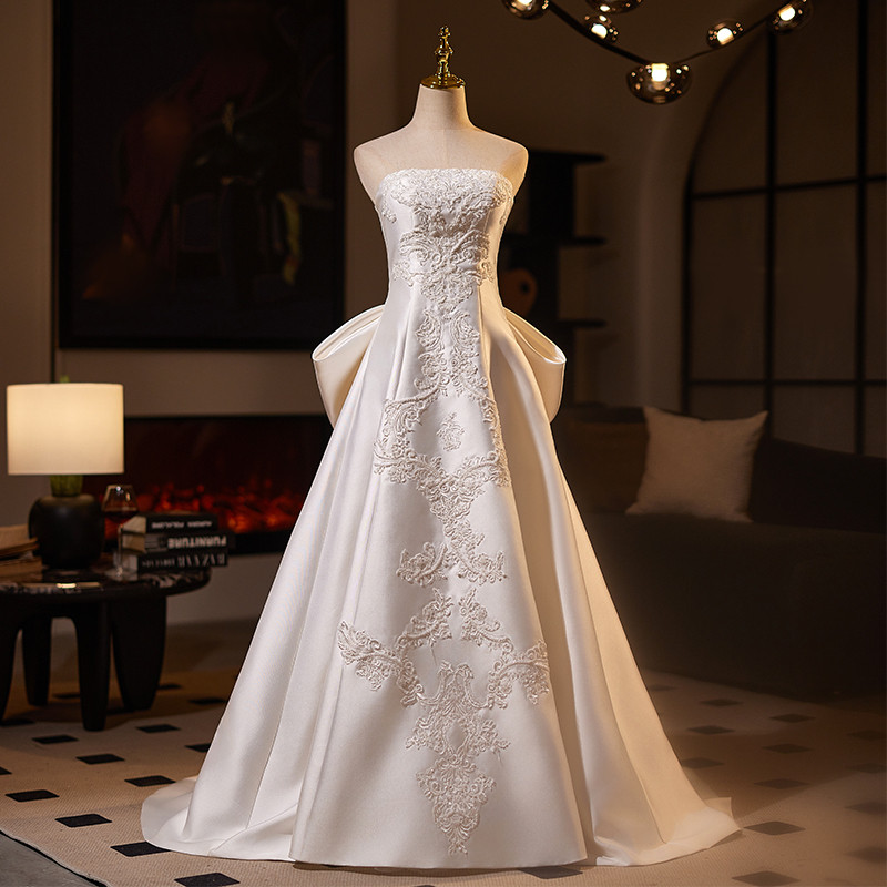 綺麗 白 バックリボン ノースリーブ ウェディングドレス パーティー 結婚式 花嫁 前撮り 披露宴 A7109