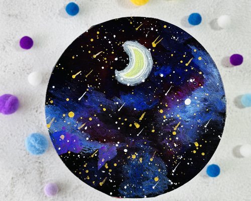 15cm丸】夜空 月 キャンバスアート 原画 カラフル 色の力 運気アップ