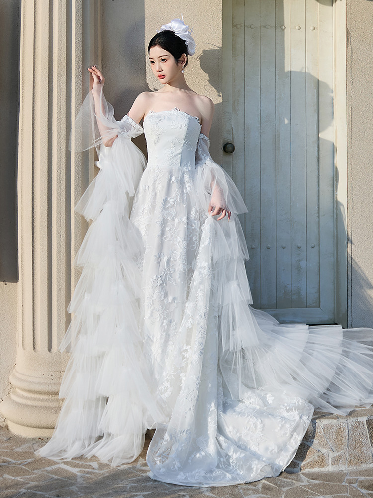 綺麗 白 レース ウェディングドレス パーティー 裾引き プリンセス 結婚式 花嫁 前撮り 披露宴 A7111