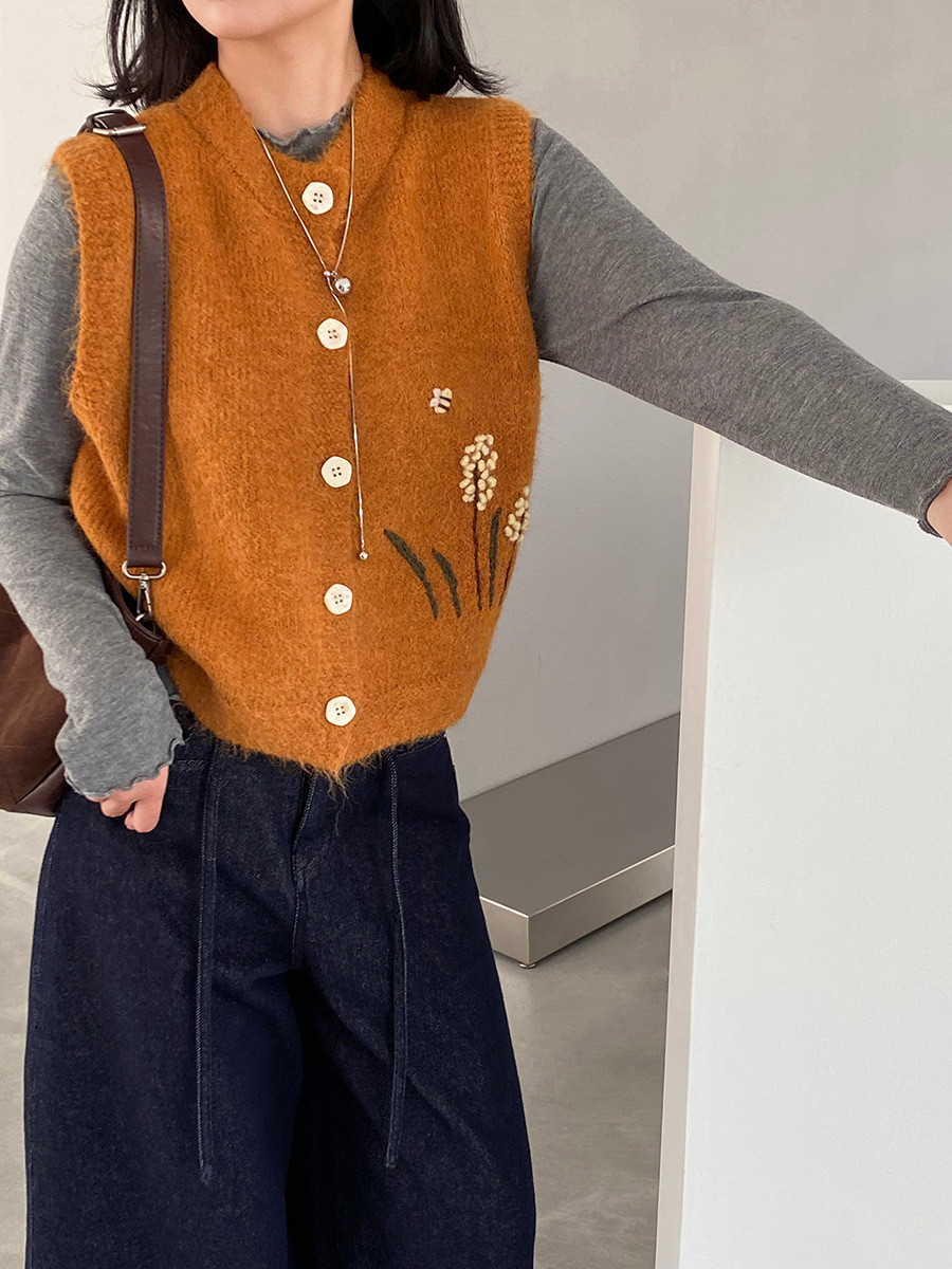 秋冬レディース麦穂と花の柄ニットベスト【返品・交換可】品質最優先25-451