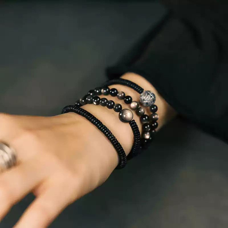 ◤ Refined ◢  シルバーアクセサリーブレスレット・銀黒曜石 / 黒檀 / 925銀