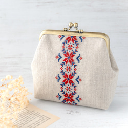 あじさい刺繍リネン巾着袋 クロスステッチのワンポイント刺繍 巾着袋