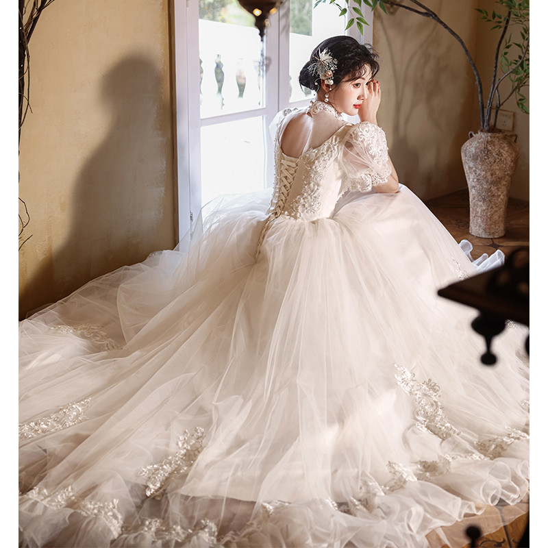 綺麗 白 半袖 ふわふわ ウェディングドレス パーティー プリンセス 高級感 結婚式 花嫁 前撮り 披露宴 A7124