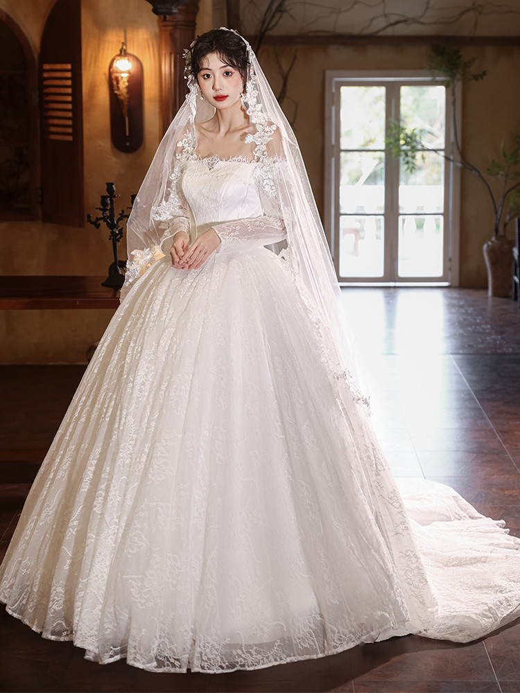 綺麗 白 レース 長袖 ウェディングドレス パーティー プリンセス 高級感 結婚式 花嫁 前撮り 披露宴 A7125